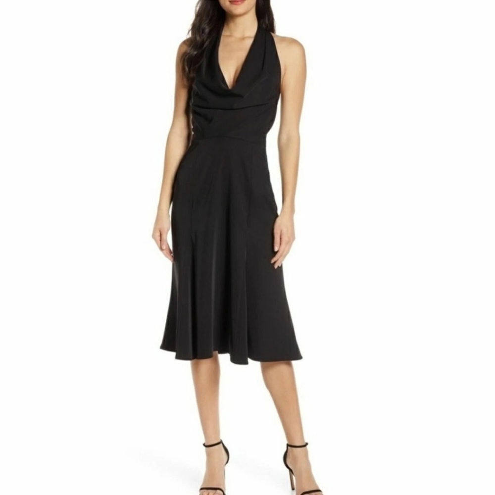 Harlyn halter flare cocktail cowl drape, size XS